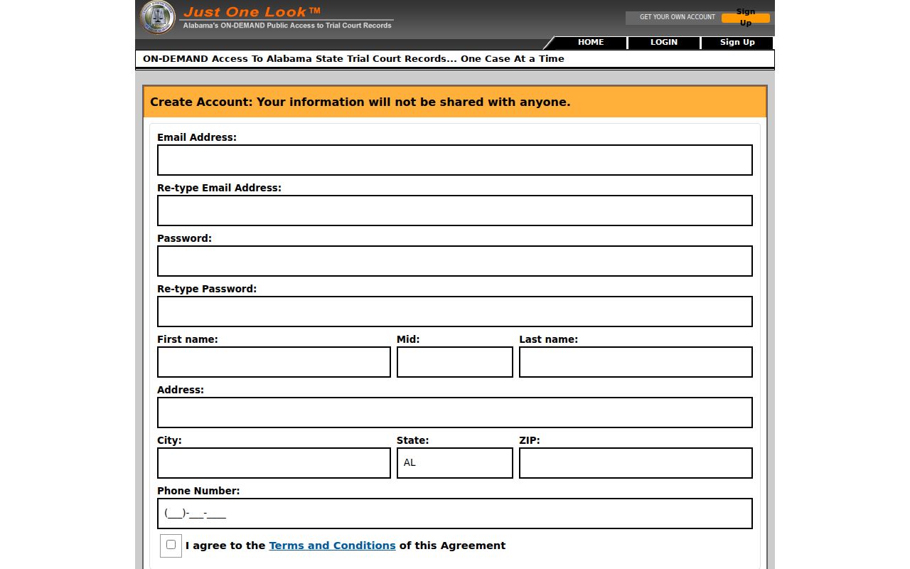 Coffee County case search account registration fields