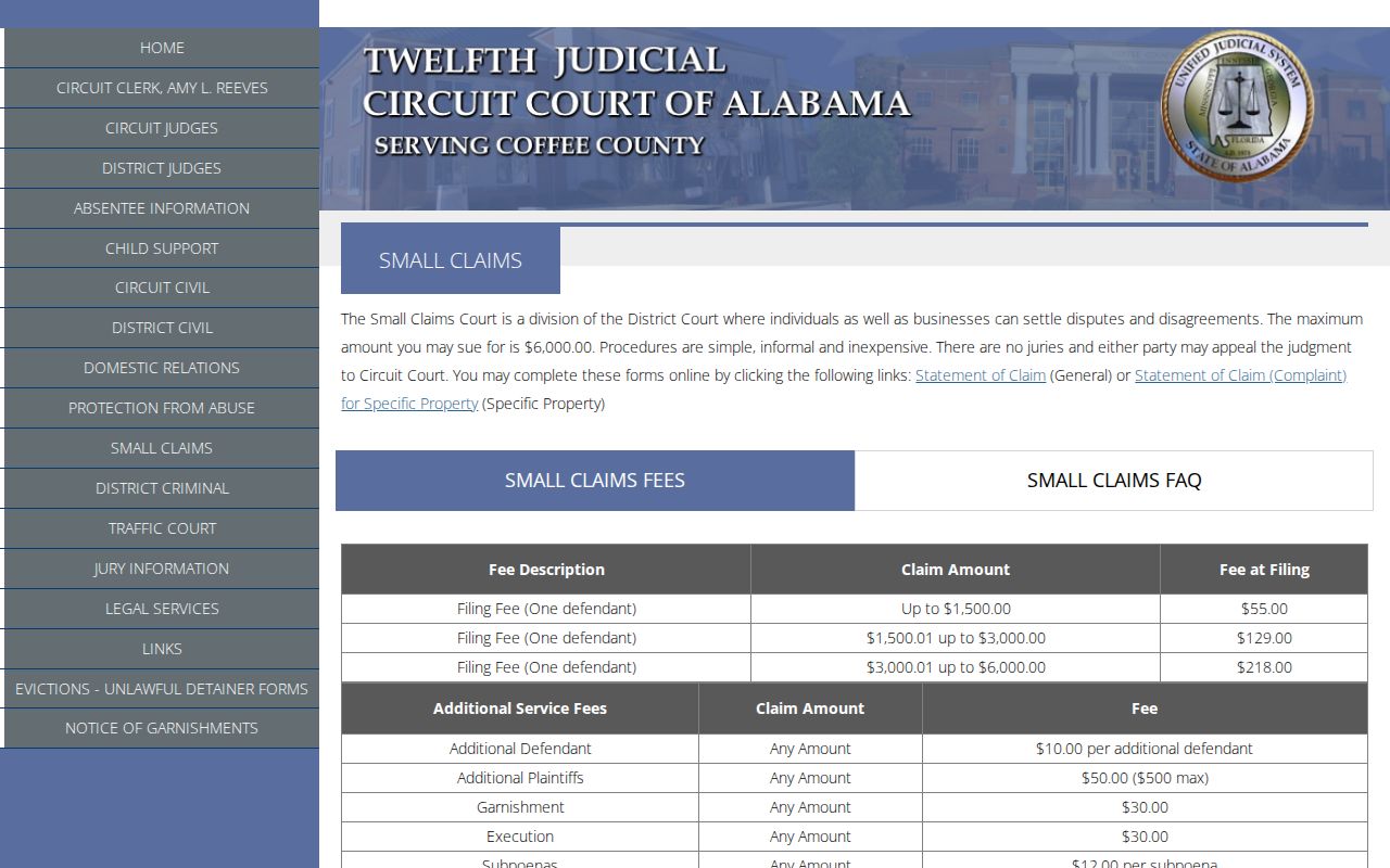 Coffee County civil docket Small Claims division page